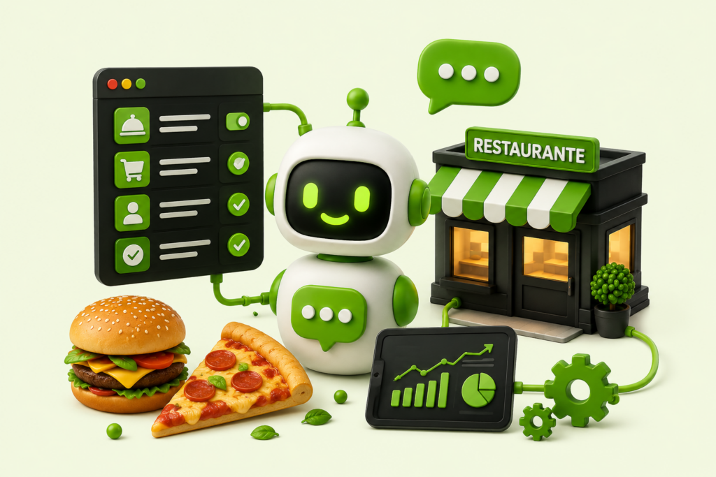 Varios elementos de automação com IA, restaurante, robos, burger - O que é automação com IA