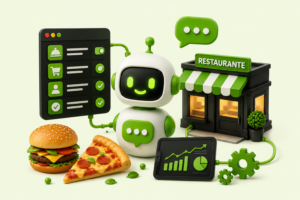 Varios elementos de automação com IA, restaurante, robos, burger - O que é automação com IA